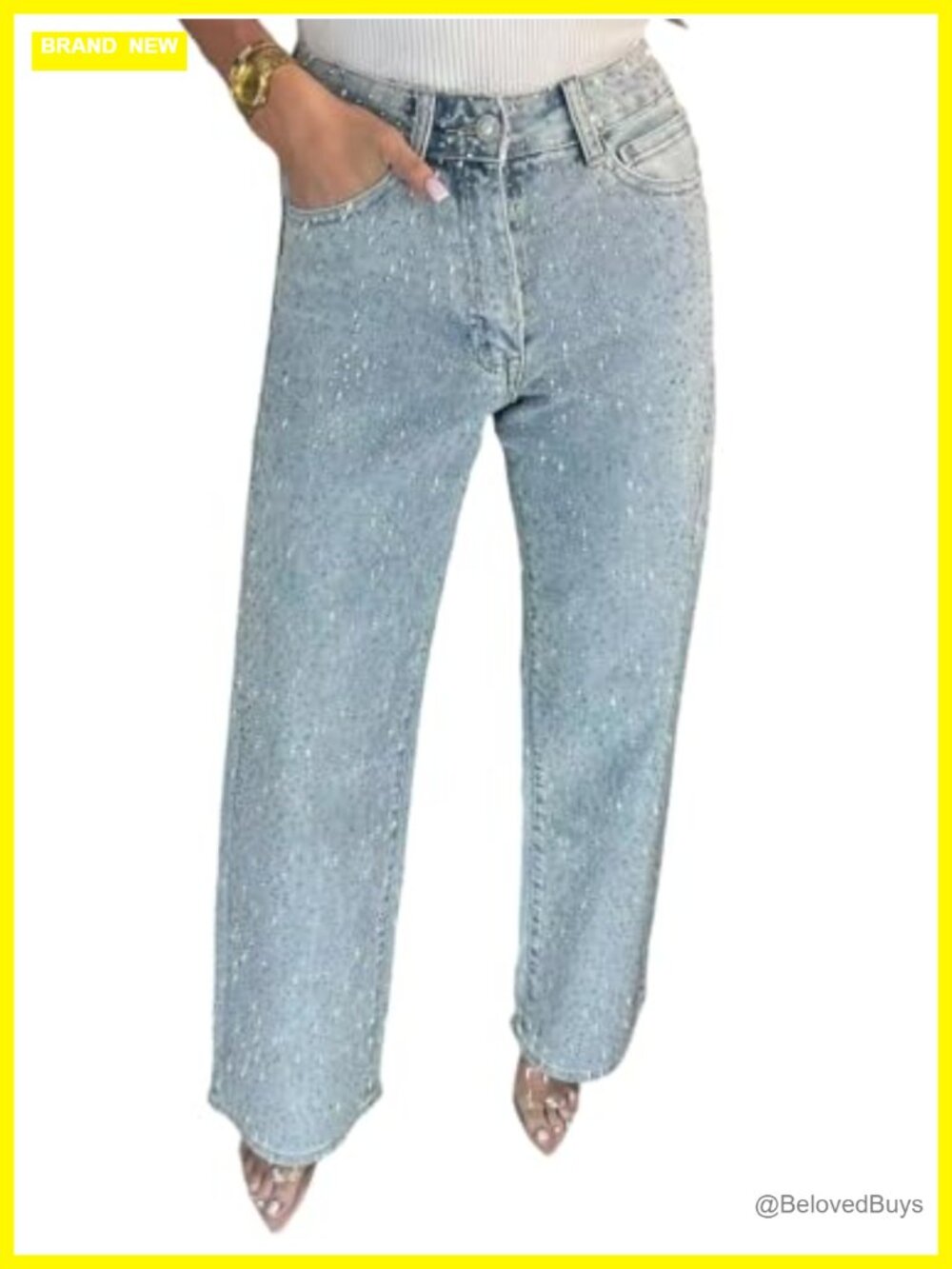 Straight Leg Rhinestone Boyfriend Denim Jeans, Sparkly Bling Glitter Pants for
